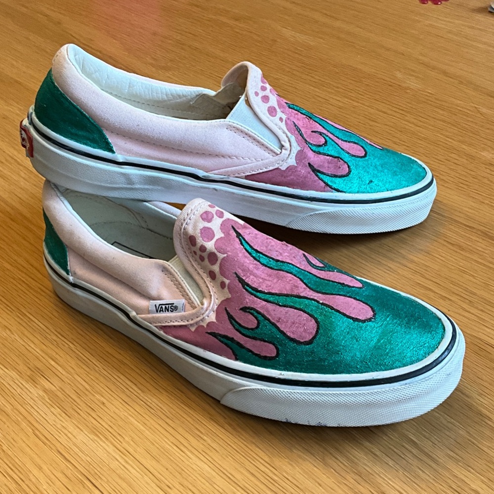 Vans Teal and Pink Flame Slip-Ons, custom hand painted